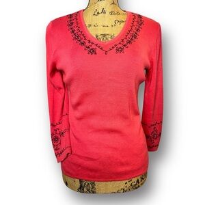 Requirements Size S Coral Vintage Embroidered Silk Lightweight 3/4 Sleeve Top